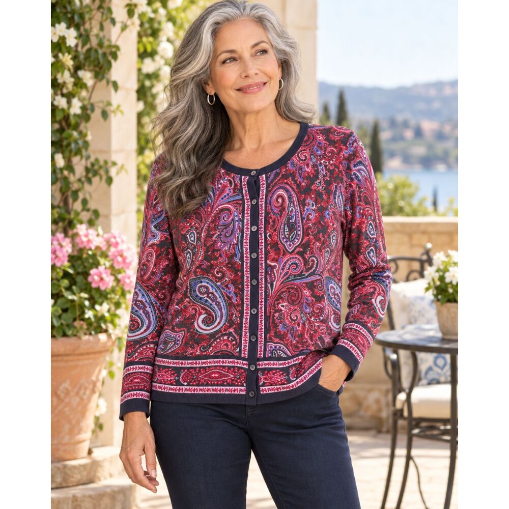 Talbots Paisley Button Front Cardigan Size L Red Navy Blue Crew Neck Long Sleeve